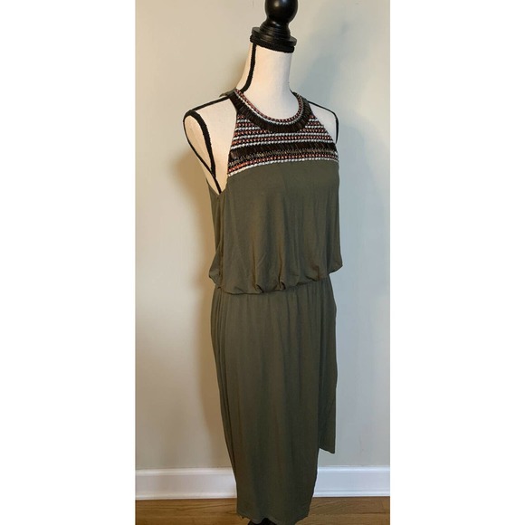 Mossimo Green High Neck Blouson Sundress Sleeveless Beaded Aztec Dress Small - Picture 5 of 8